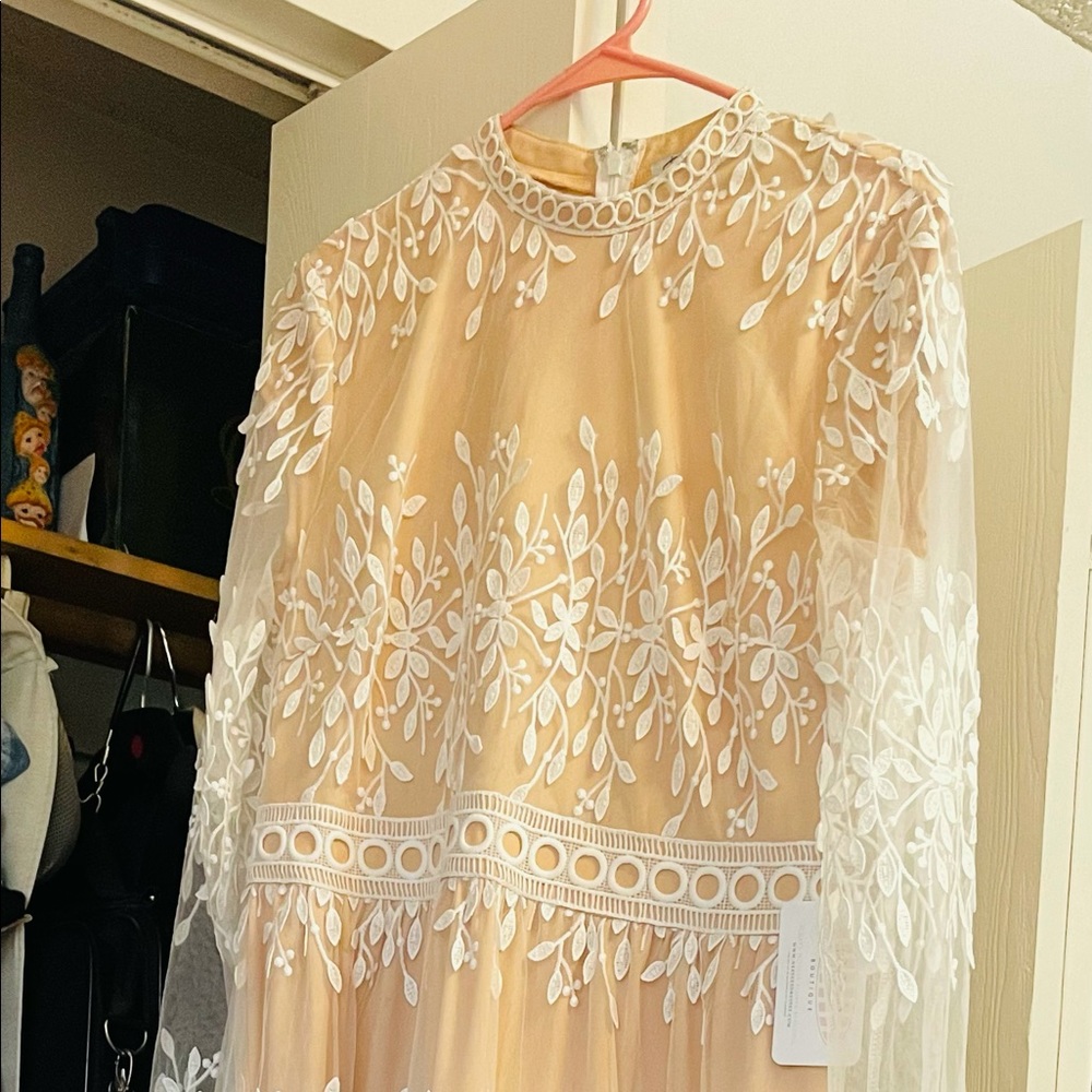 White lace dress with nude lining.